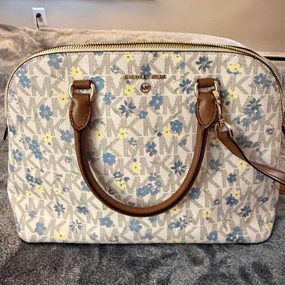 MICHAEL Michael Kors Floral Logo Satchel in Tan, Blue, Yellow